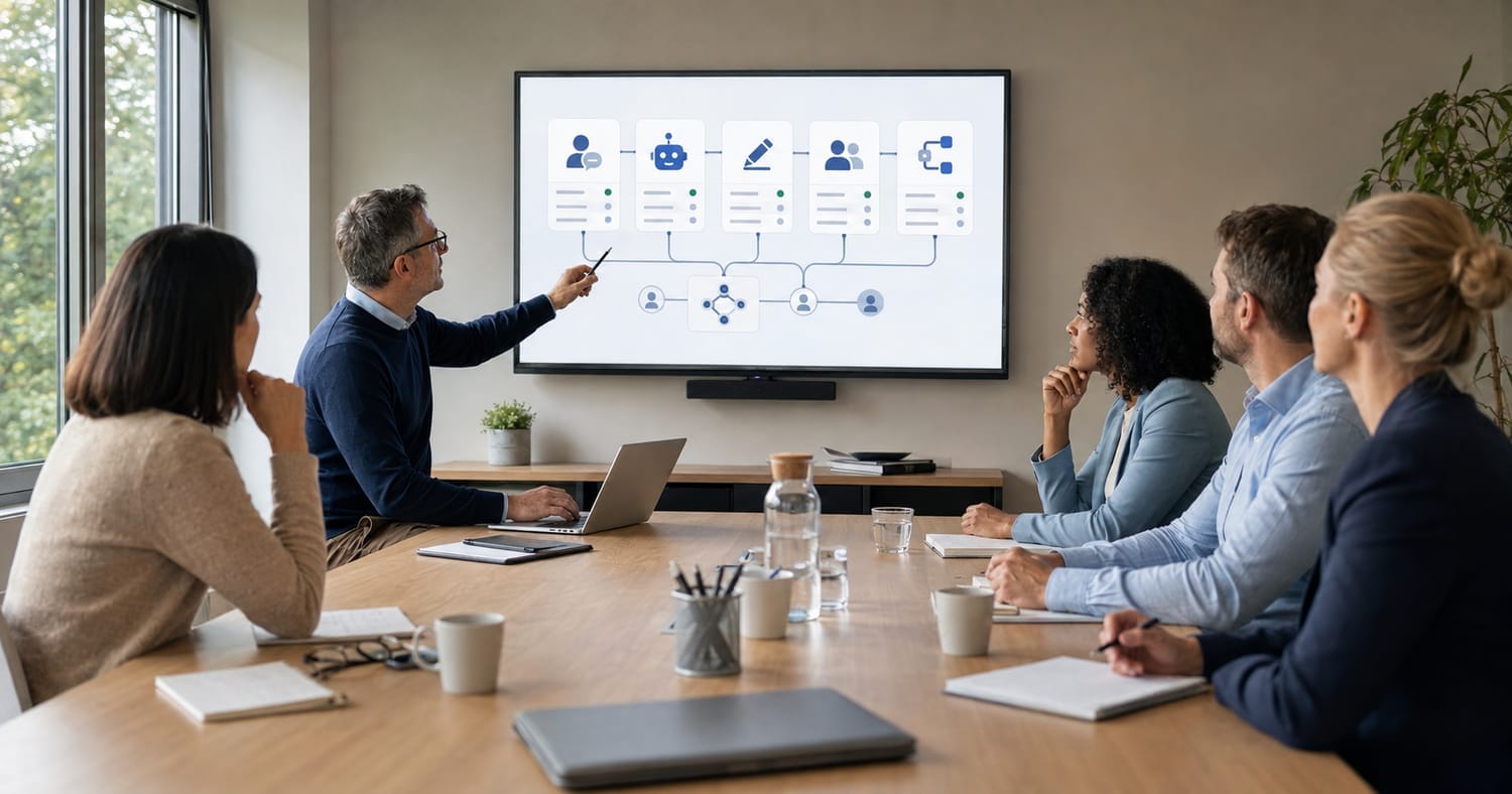 Dirigeants d’une PME examinant une cartographie de leurs assistants, contenus et processus utilisant l’intelligence artificielle.