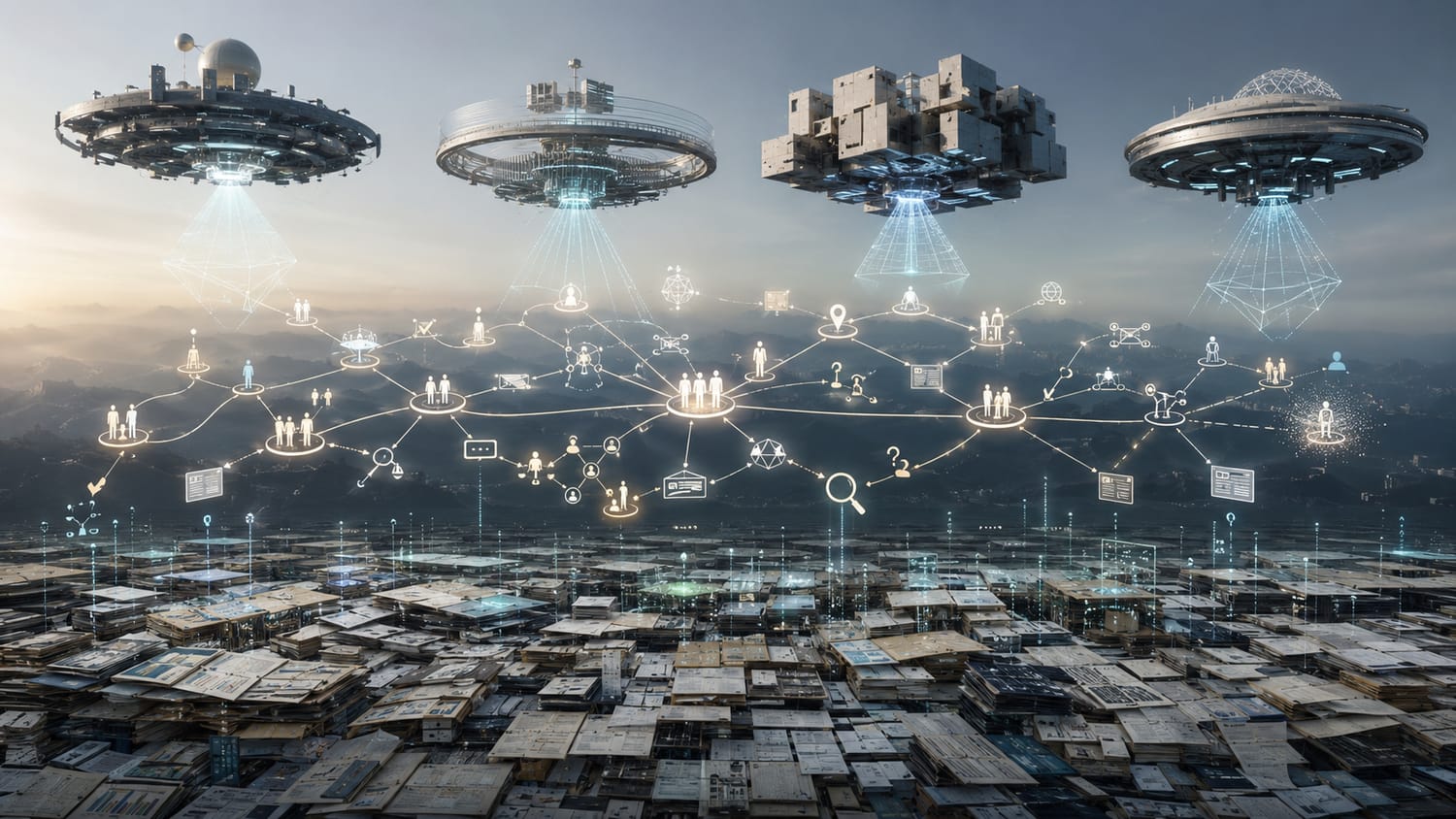 Représentation abstraite d’une architecture de connaissance reliant des informations, des décisions et des personnes autour de l’intelligence artificielle.