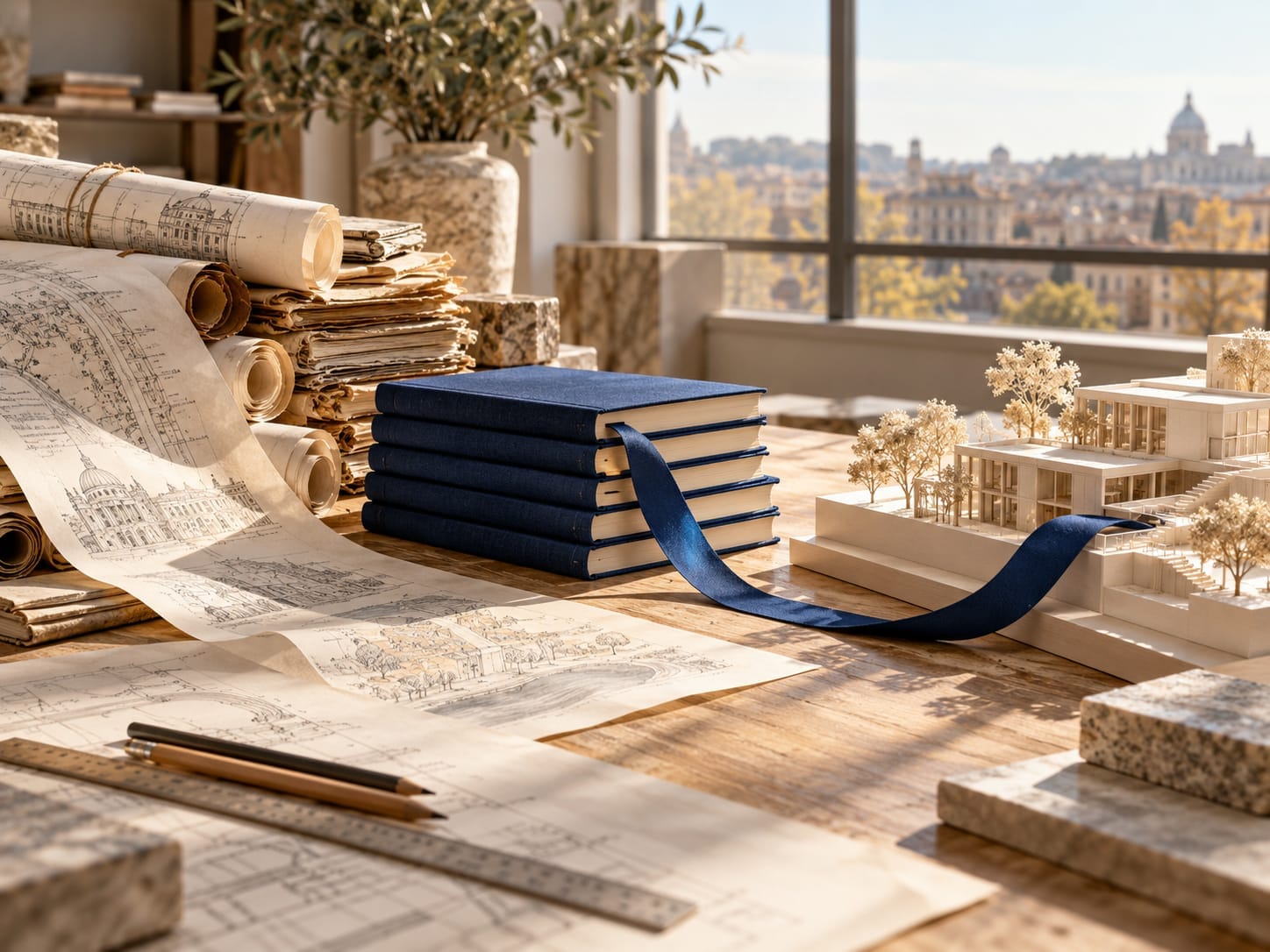 Des documents et des carnets reliés à une maquette architecturale par un ruban bleu, symbolisant la mémoire qui nourrit la construction.