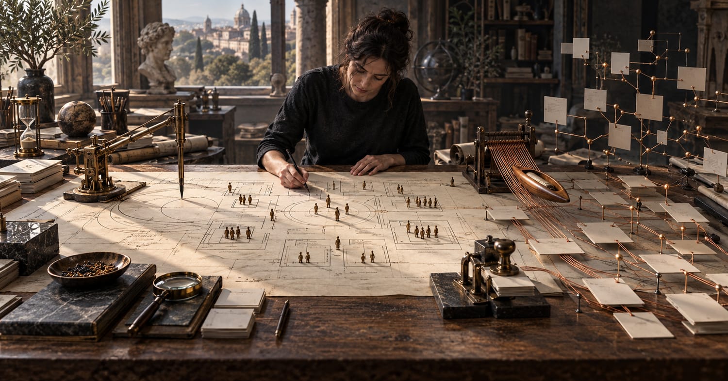 Une femme dessine une organisation peuplée de figurines, entre instruments anciens, navette de tissage et réseau de fiches reliées