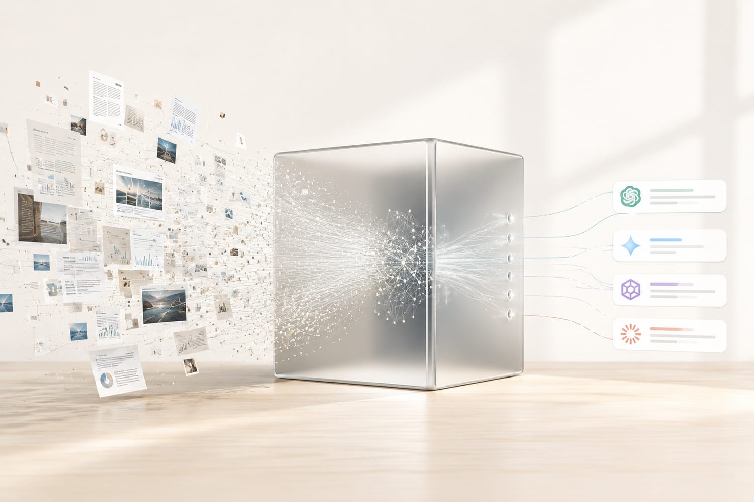 Illustration conceptuelle représentant une boîte noire entre des contenus numériques et les réponses générées par plusieurs intelligences artificielles.