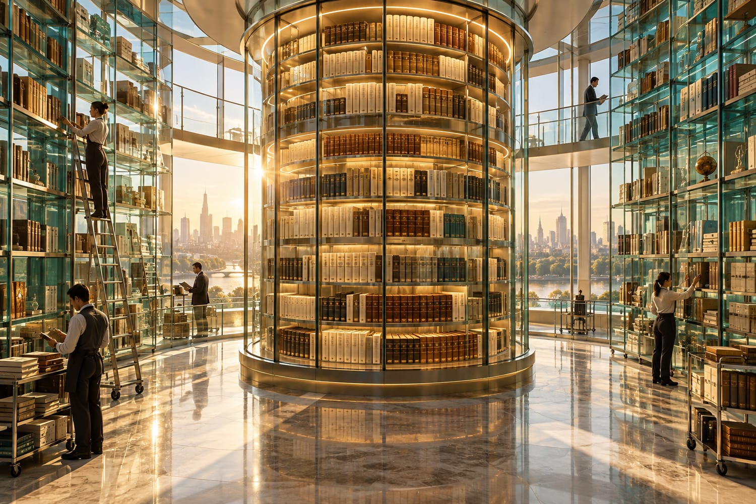 Bibliothèque lumineuse au cœur stable, entourée de structures de verre qui évoluent, symbole de la connaissance préservée lorsque les outils changent.