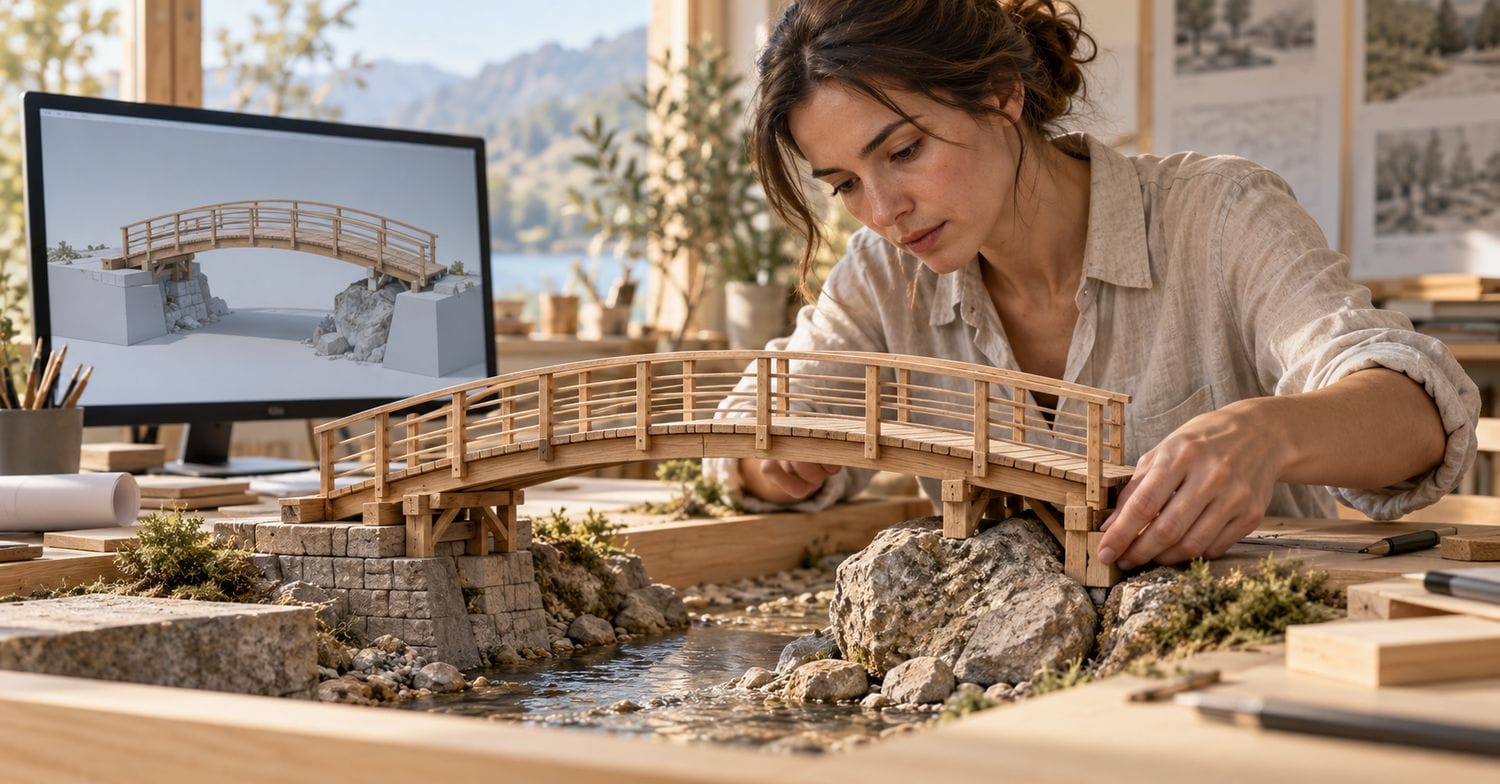 Une professionnelle ajuste une maquette de pont aux contraintes du terrain, à côté de son modèle numérique.