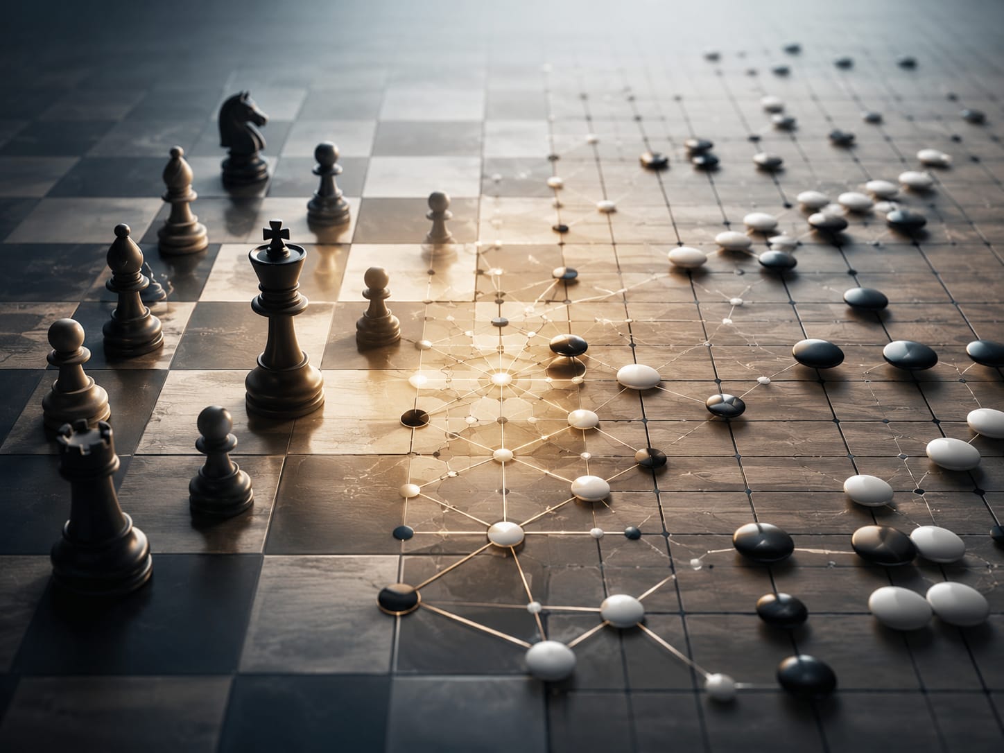 Plateau hybride associant des pièces d’échecs et des pierres de go pour représenter deux logiques stratégiques de l’intelligence artificielle.