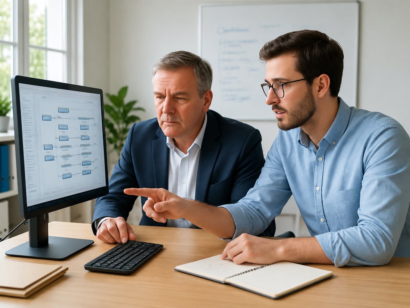 Un dirigeant de PME consulte attentivement un écran numérique affichant des processus automatisés, accompagné d’un expert en IA qui lui explique une décision, dans un bureau lumineux et moderne.