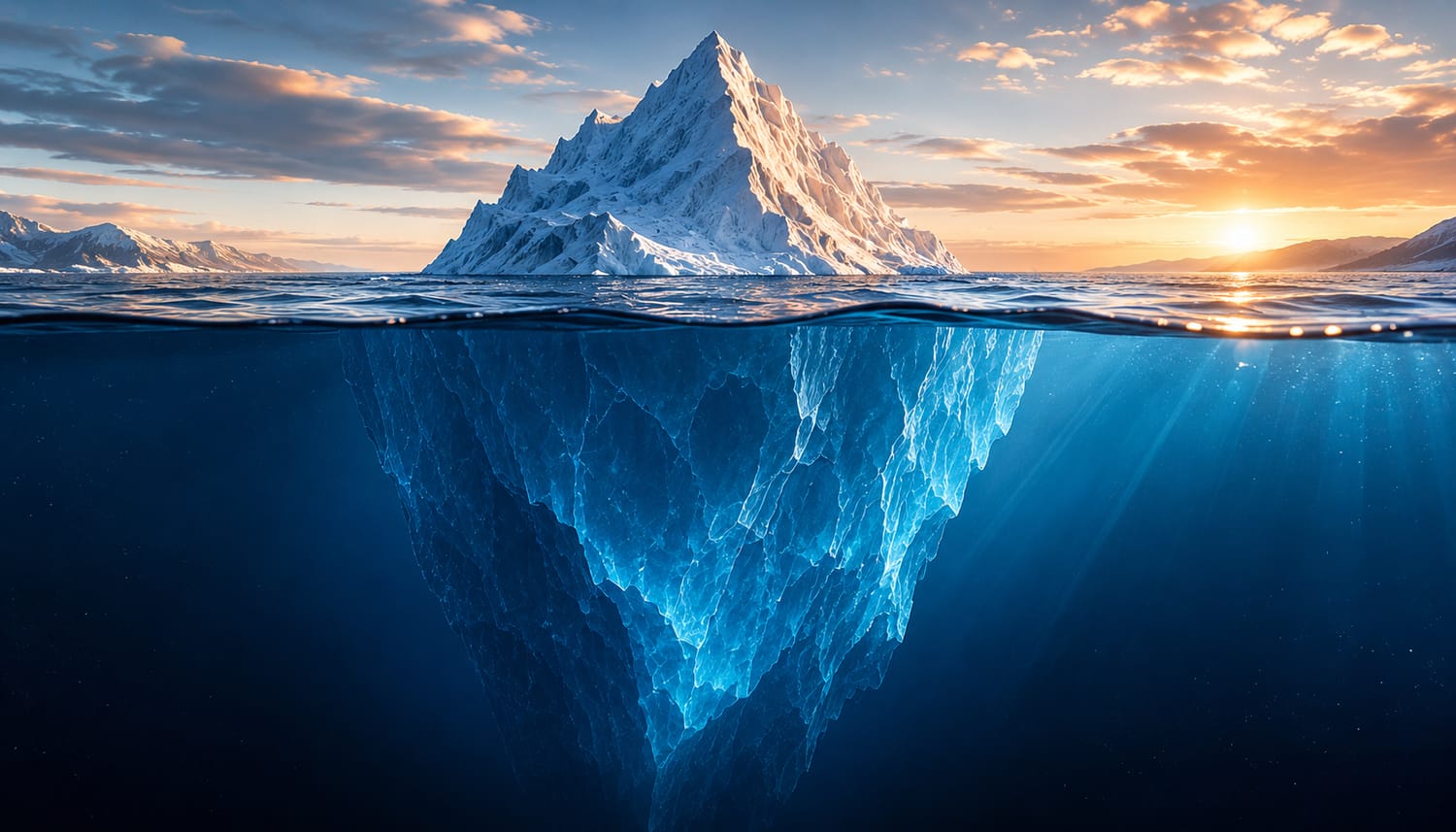 Un iceberg dont la partie visible émerge au-dessus de l'eau tandis que sa masse principale reste immergée, symbolisant les usages visibles et invisibles de l'intelligence artificielle en entreprise.