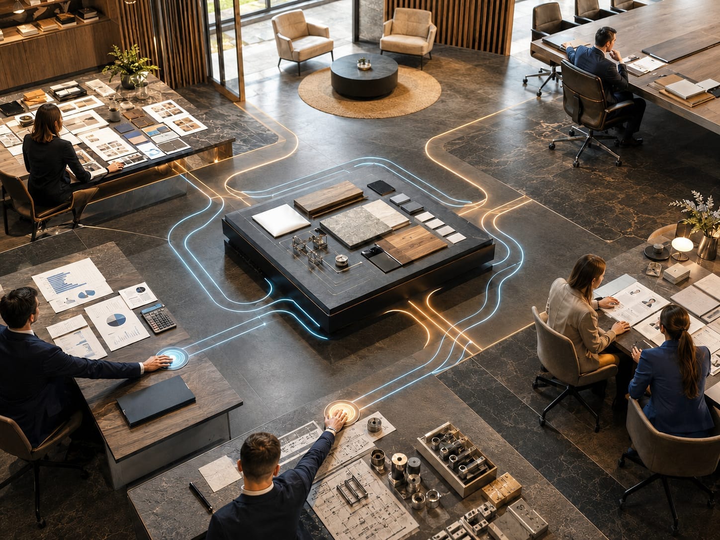 Des flux de travail issus de plusieurs métiers convergent vers un espace numérique commun, sous supervision humaine.