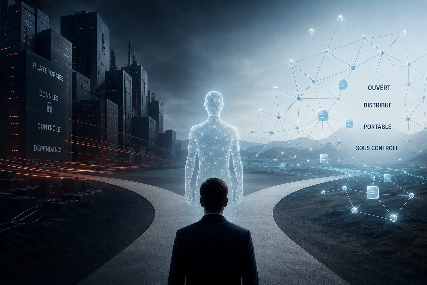 Illustration symbolisant un agent IA placé entre un modèle numérique contrôlé par les plateformes et un modèle centré sur l'utilisateur