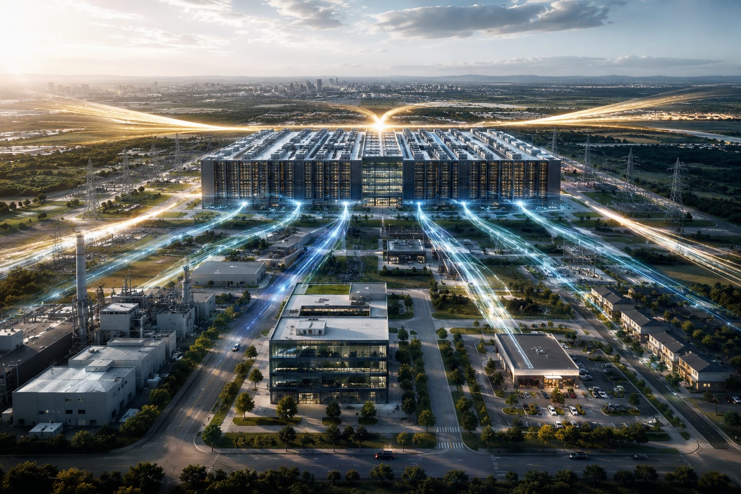 Data center concentrant des flux d’énergie et de capitaux, symbole du poids croissant des infrastructures nécessaires à l’intelligence artificielle.
