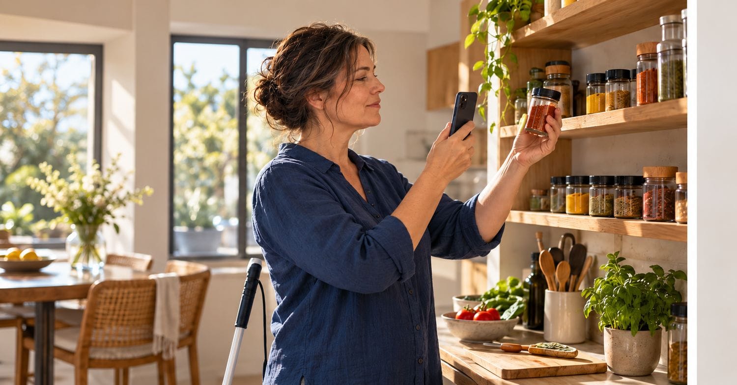 Illustration générée : une femme utilise la caméra de son téléphone pour identifier un pot d’épices dans sa cuisine.