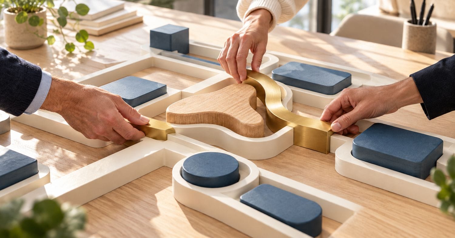 Plusieurs mains ajustent une pièce sur mesure dans une structure modulaire commune.