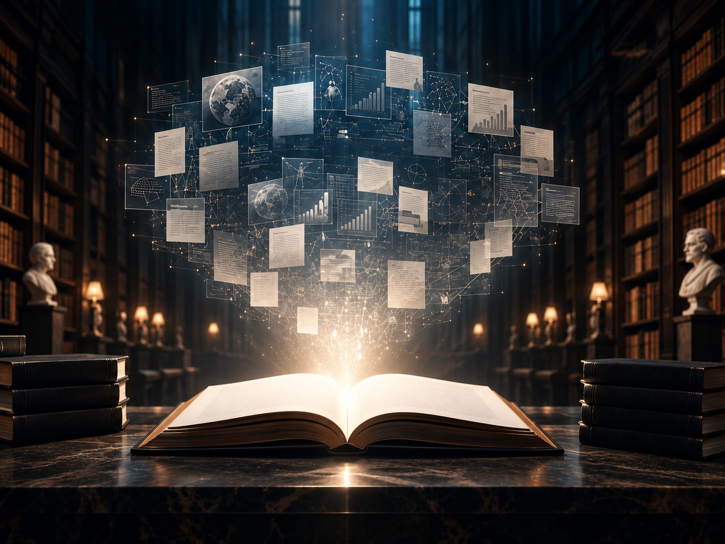 Un livre ouvert dans une bibliothèque fait émerger un réseau de documents, de graphiques et de connaissances.
