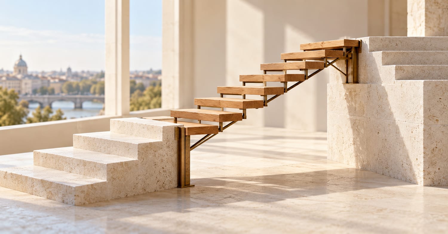 Un escalier en pierre relié par des marches en bois, symbole d’un parcours d’apprentissage reconstruit.