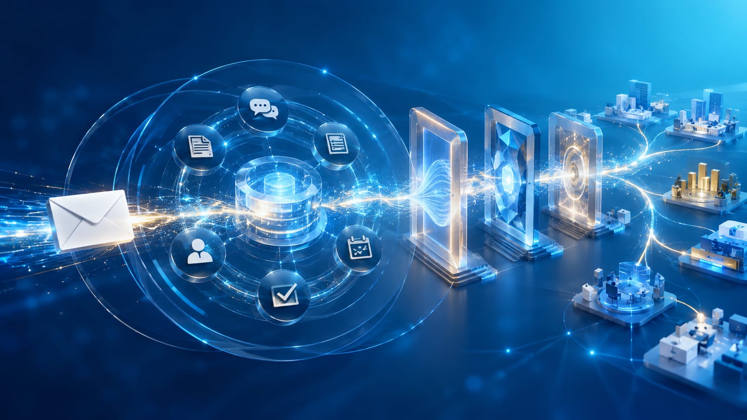 Un email entrant déclenche un flux reliant information, intelligence artificielle, décision et action dans l’entreprise