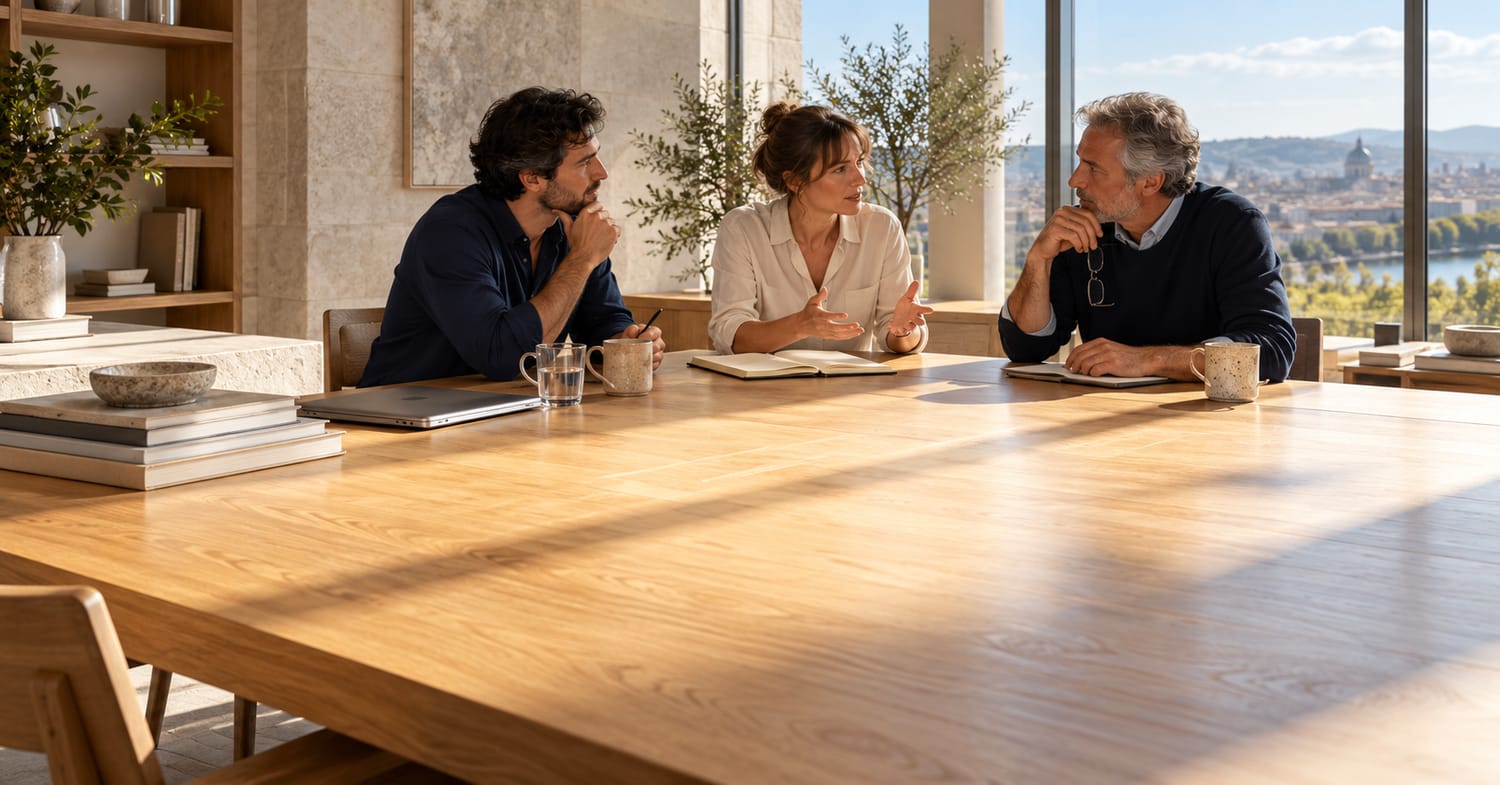 Trois professionnels échangent autour d’une grande table lumineuse, évoquant les choix collectifs concernant les capacités dégagées par l’IA.