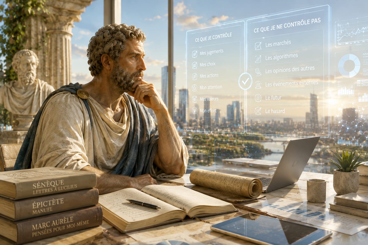 Un philosophe stoïcien dans un environnement technologique contemporain, contemplant la distinction entre ce qu'il contrôle et ce qui lui échappe.