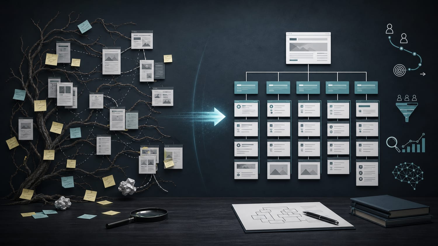 Tableau de structuration d’un site Internet montrant le passage d’une arborescence confuse à une organisation claire et stratégique.