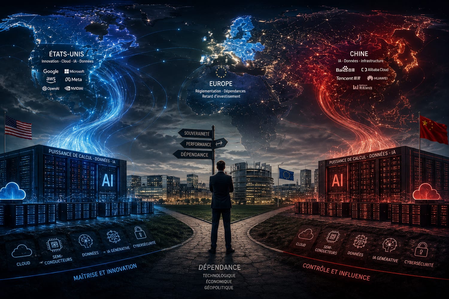 Carte stylisée reliant puissance de calcul, cloud, données, semi-conducteurs et influence géopolitique