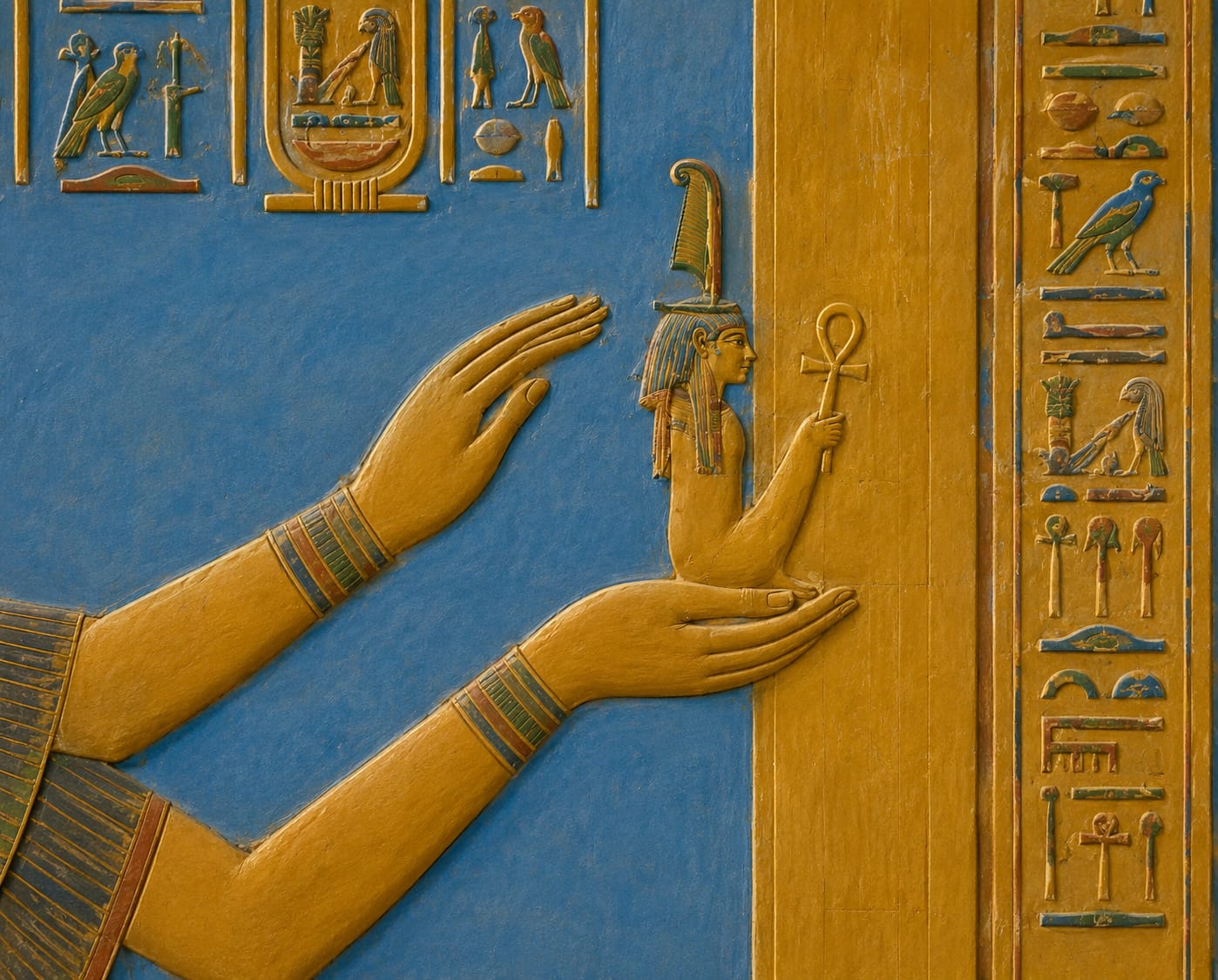 Reconstitution du haut-relief du temple d'Abydos montrant Maât portée et protégée par les mains du pharaon.