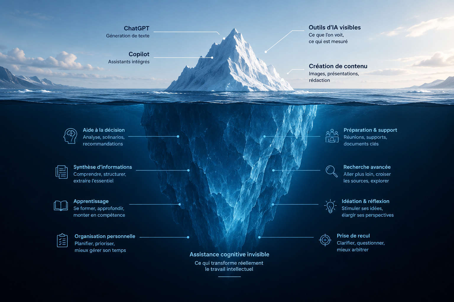 Schéma en forme d'iceberg distinguant les usages visibles de l'IA et les usages plus profonds liés à l'assistance cognitive, à la décision et à l'organisation du travail.