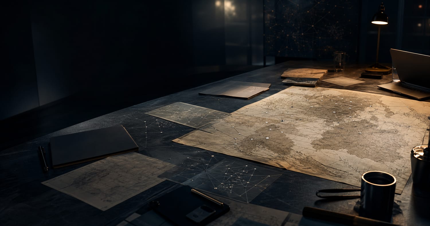 Table stratégique avec cartographie, documents de pilotage et ambiance d'analyse digitale