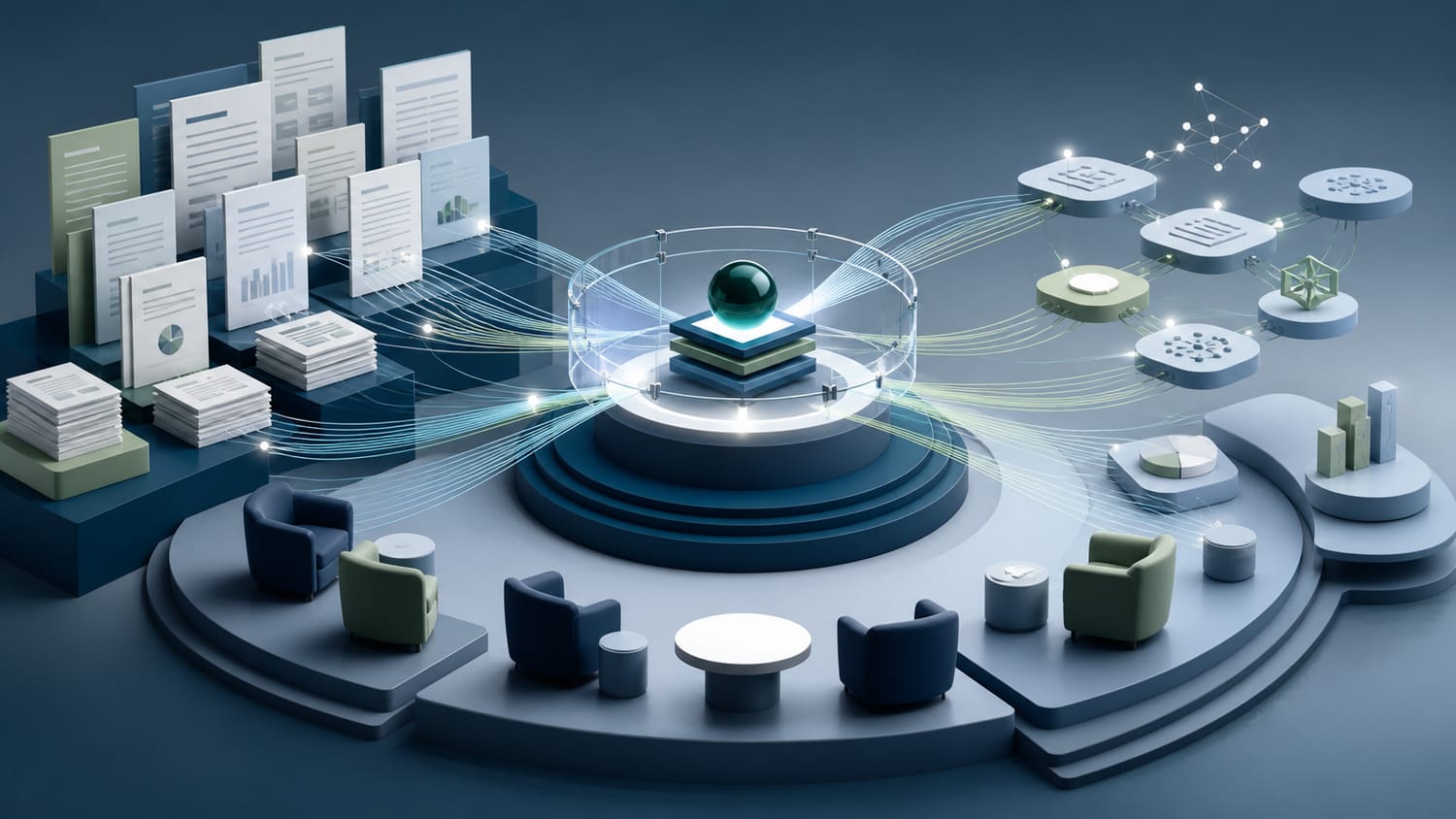 Écosystème de sources documentaires convergeant vers un signal de référence B2B
