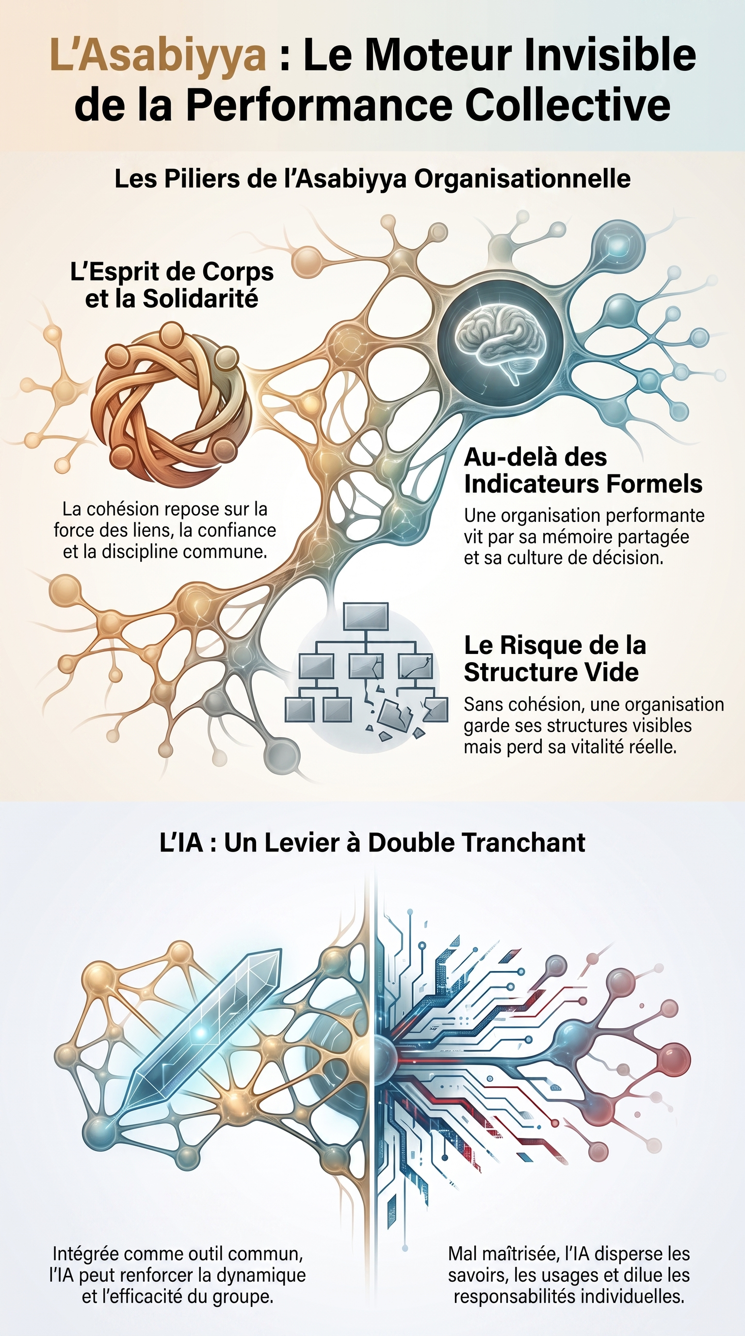 Infographie montrant comment l’asabiyya relie confiance, mémoire commune, discipline collective et performance organisationnelle.